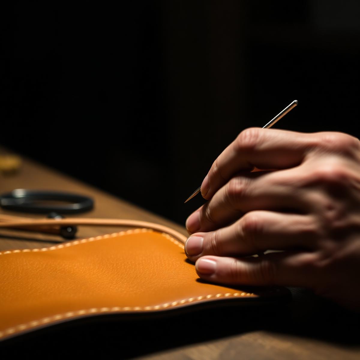 Mãos de artesão costurando couro