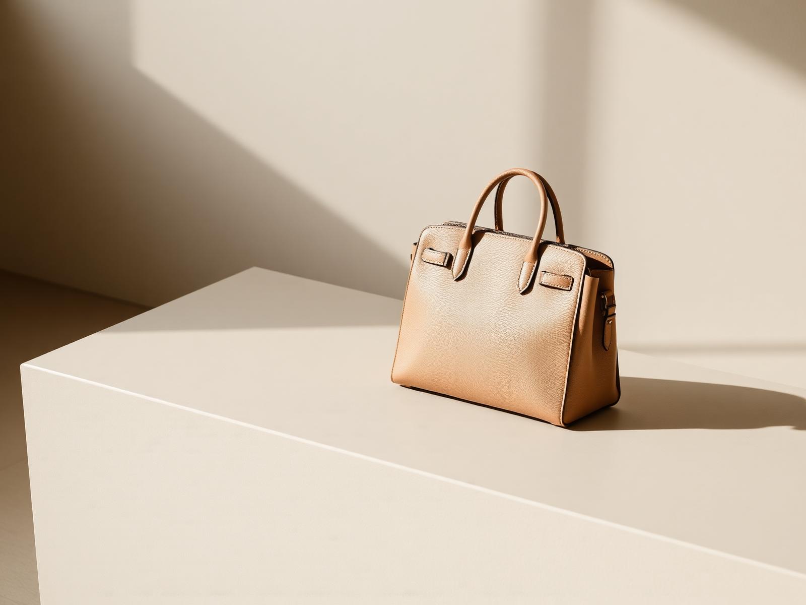 Bolsa de couro bege em superfície de pedra